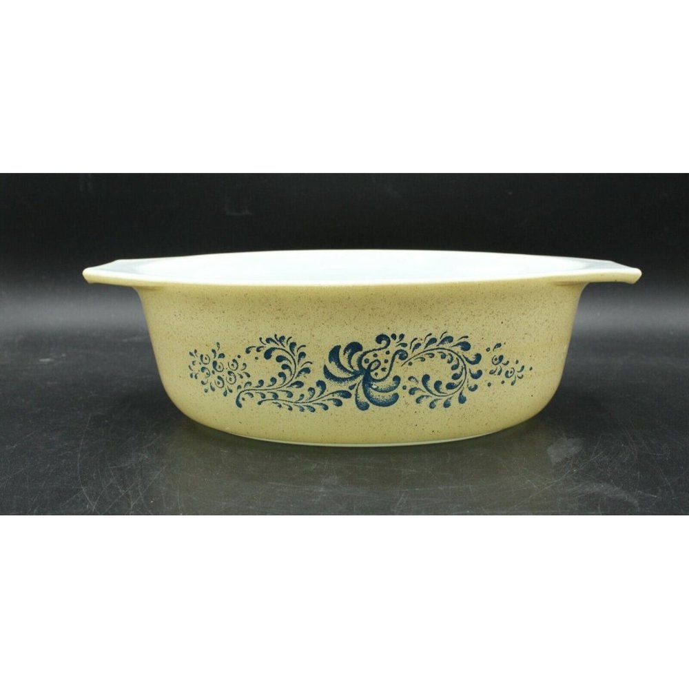 Vtg Pyrex #043 Homestead Pattern 1 1/2Qt Casserole Dish Beige & Blue *No Lid*